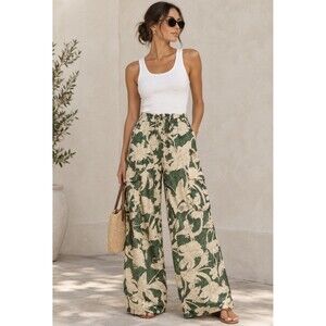 MNG Women’s Green/Beige Floral Jacquard Wide Leg Pants Size Medium High Rise EUC